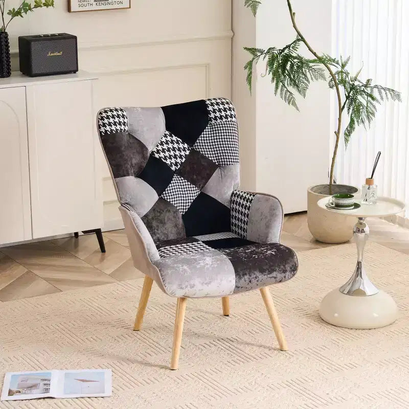 Patchwork Upholstered Accent Chair, Living Room Lounge Chair with Wingback and Armrest