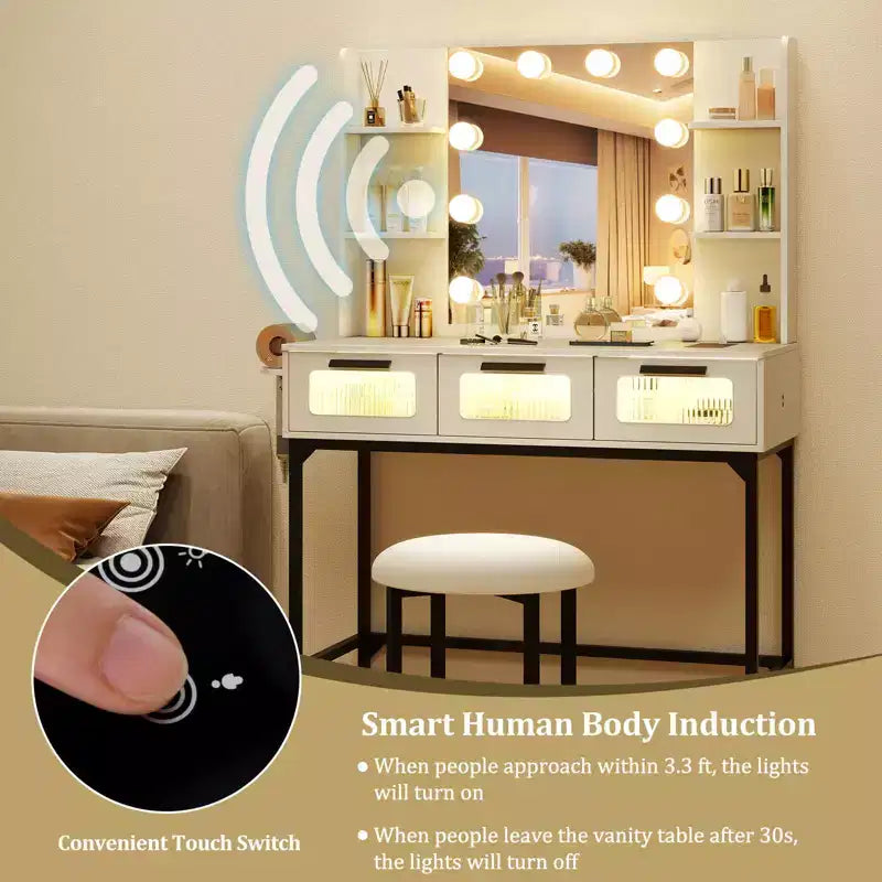 Makeup Vanity Desk with Hollywood Mirror & Lights 3-Color Induction Lighting