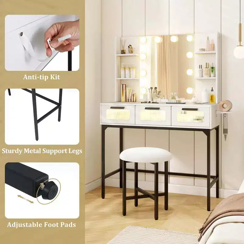 Makeup Vanity Desk with Hollywood Mirror & Lights 3-Color Induction Lighting