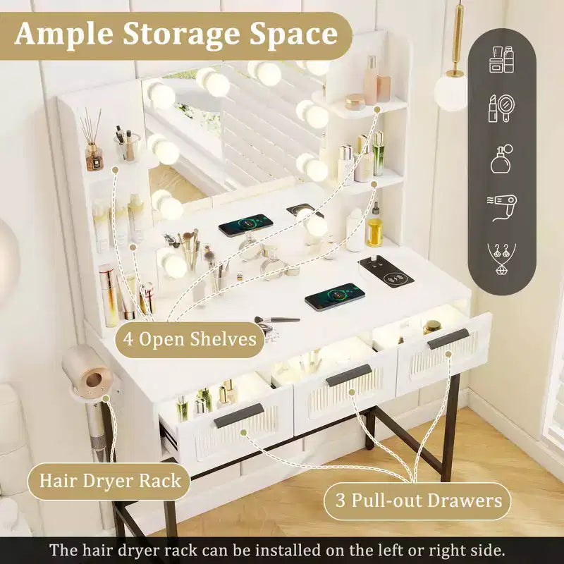 Makeup Vanity Desk with Hollywood Mirror & Lights 3-Color Induction Lighting