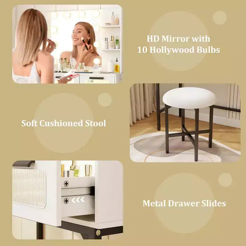 Makeup Vanity Desk with Hollywood Mirror & Lights 3-Color Induction Lighting