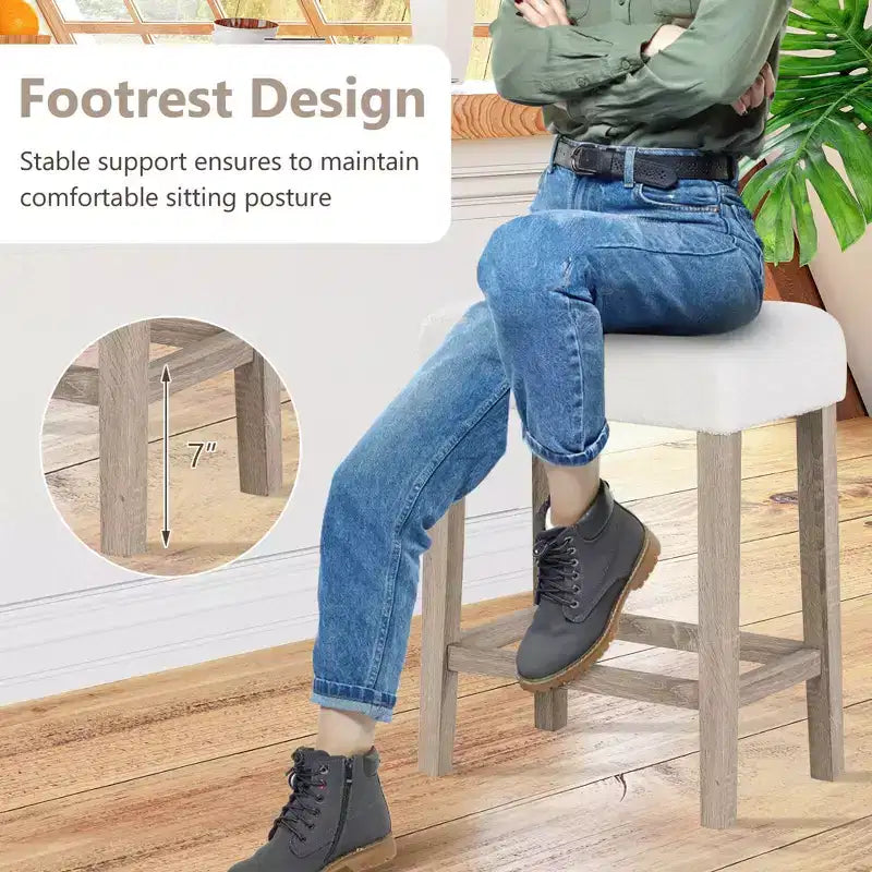 Lot de 2 tabourets de bar à hauteur de comptoir avec pieds en bois d’hévéa et repose-pieds, style moderne pour la maison