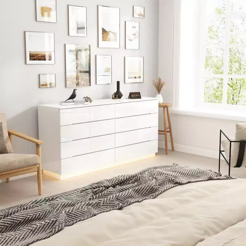 8 Drawer Dresser with Underlight High Gloss Finish Modern Chest of Drawers