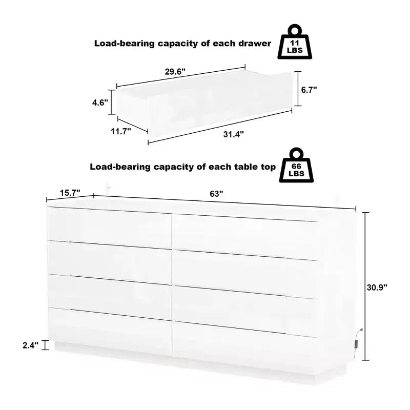 8 Drawer Dresser with Underlight High Gloss Finish Modern Chest of Drawers