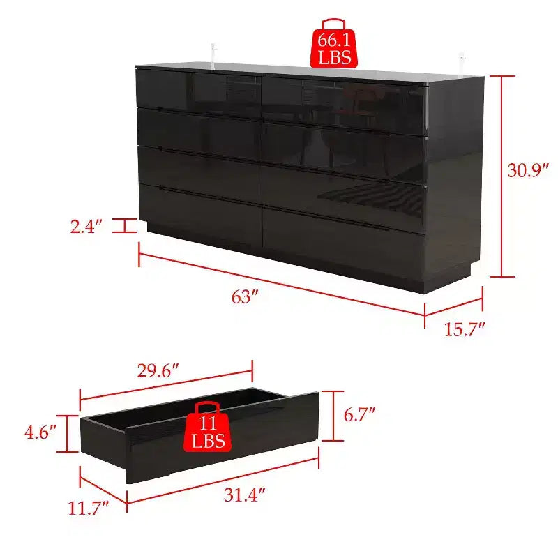 8 Drawer Dresser with Underlight High Gloss Finish Modern Chest of Drawers