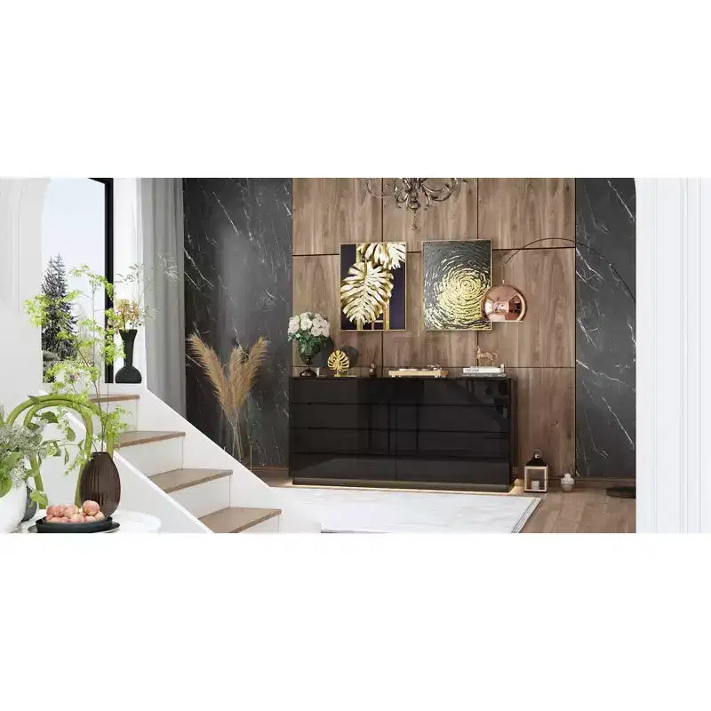 Commode à 8 tiroirs avec éclairage inférieur et finition brillante, style moderne