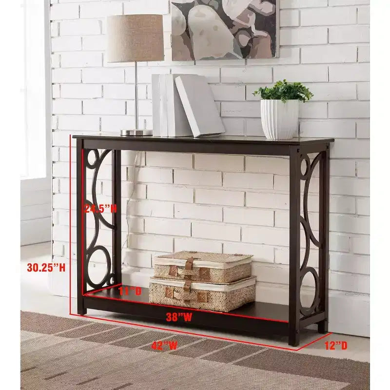 Table console en bois pour entrée ou derrière canapé, finition cerisier foncé, avec étagère de rangement pour couloir, hall d’entrée ou salon