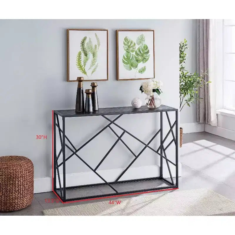 Modern Console Sofa Table, Black Metal Frame & Gray Wood - Perfect for Entryways and Living Rooms