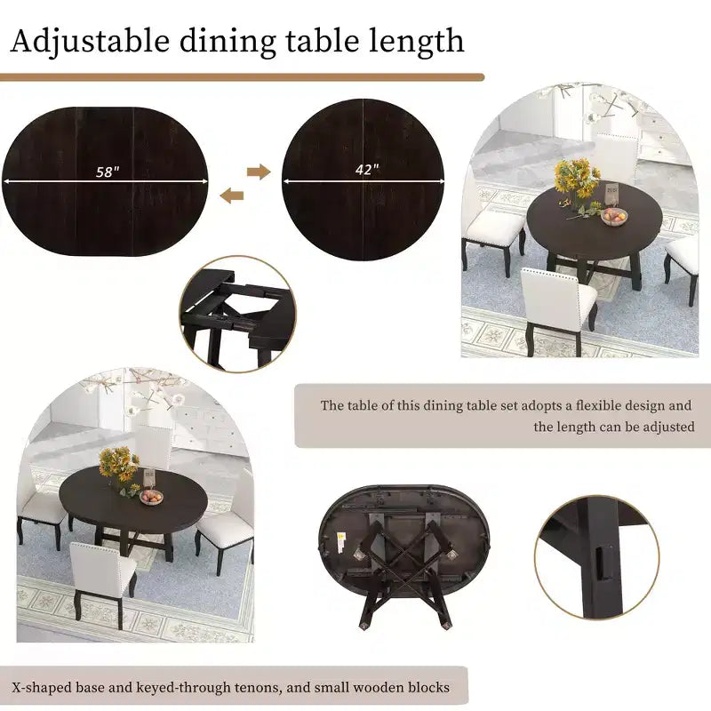 Table de salle à manger de style champêtre à 4 pieds avec base en X et rallonge de 16 pouces