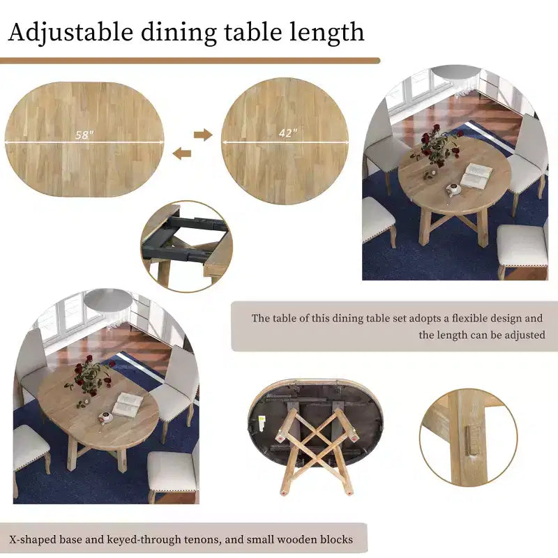 Table de salle à manger de style champêtre à 4 pieds avec base en X et rallonge de 16 pouces