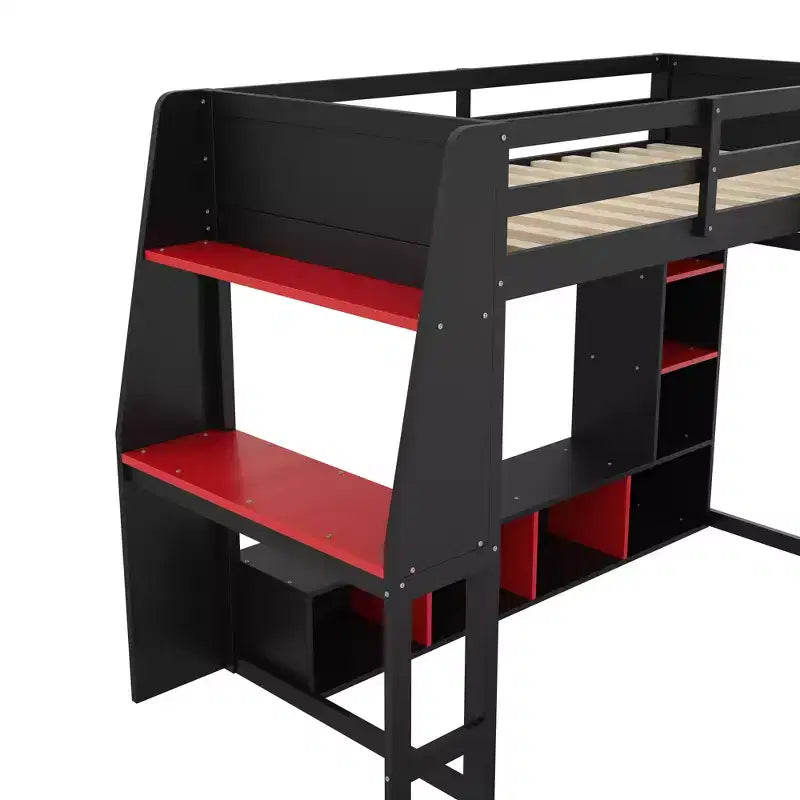 Twin/Full Size Gaming Loft Bed with Desk, LED Lights, Multi-Storage Shelves & Hanging Clothes Rack, Space-Saving Wooden Bed Frame