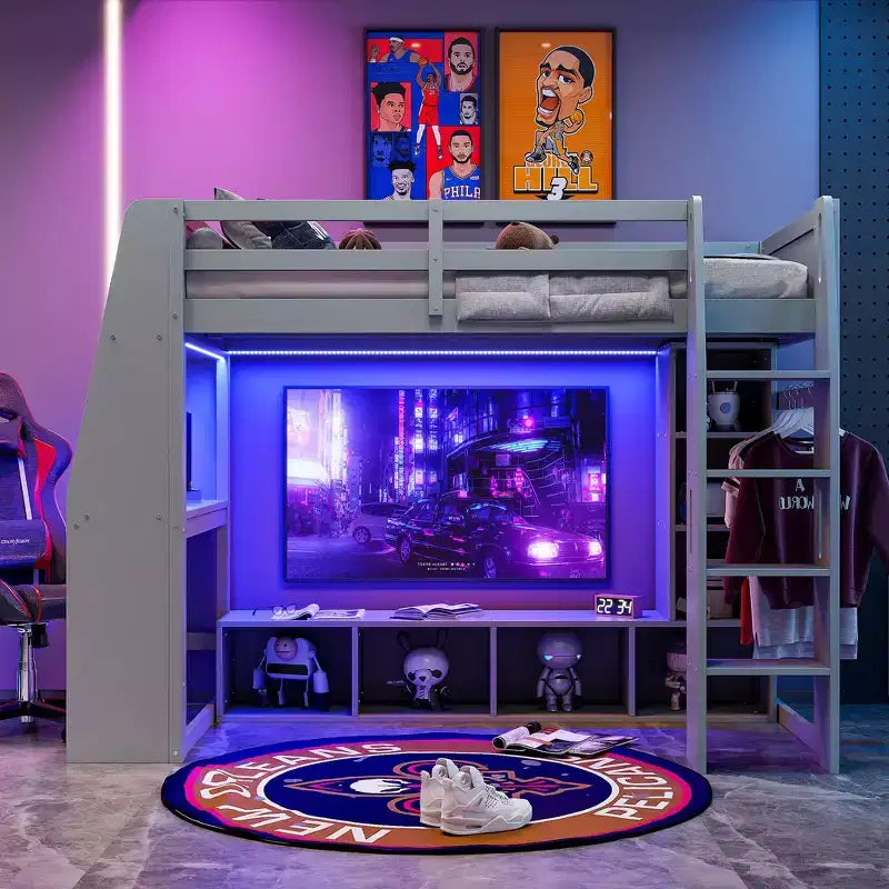Twin/Full Size Gaming Loft Bed with Desk, LED Lights, Multi-Storage Shelves & Hanging Clothes Rack, Space-Saving Wooden Bed Frame