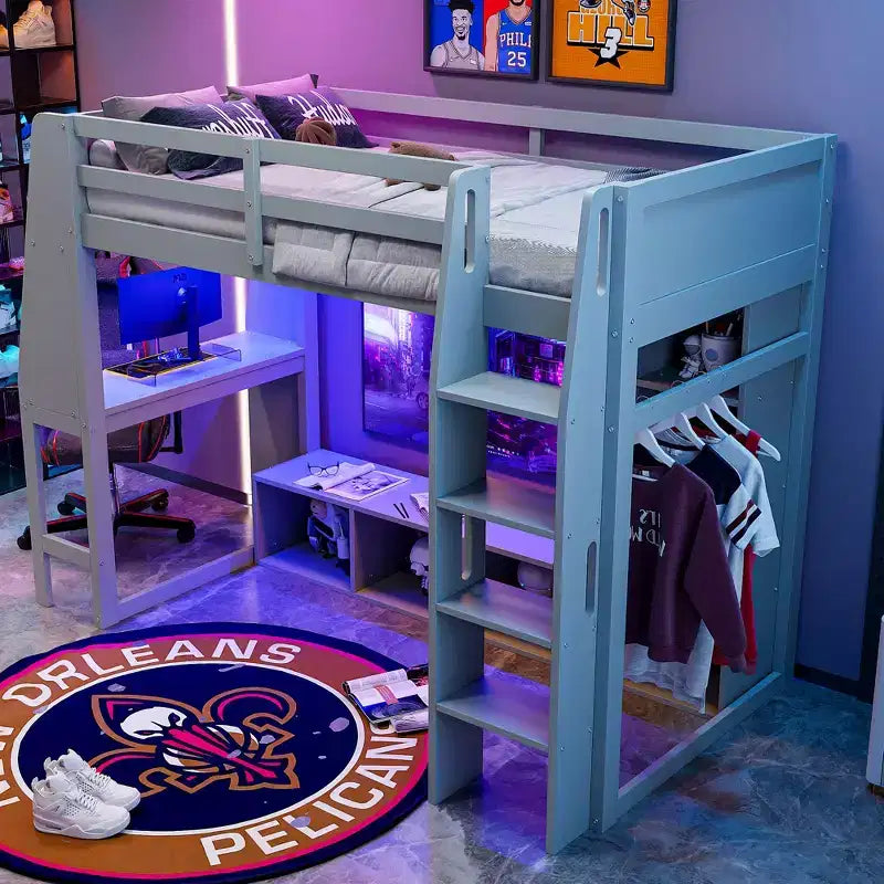 Twin/Full Size Gaming Loft Bed with Desk, LED Lights, Multi-Storage Shelves & Hanging Clothes Rack, Space-Saving Wooden Bed Frame