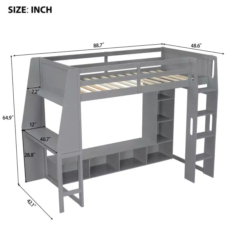 Twin/Full Size Gaming Loft Bed with Desk, LED Lights, Multi-Storage Shelves & Hanging Clothes Rack, Space-Saving Wooden Bed Frame