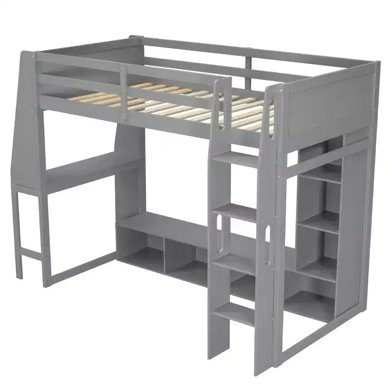 Twin/Full Size Gaming Loft Bed with Desk, LED Lights, Multi-Storage Shelves & Hanging Clothes Rack, Space-Saving Wooden Bed Frame