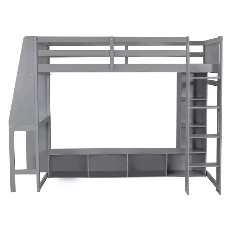 Twin/Full Size Gaming Loft Bed with Desk, LED Lights, Multi-Storage Shelves & Hanging Clothes Rack, Space-Saving Wooden Bed Frame