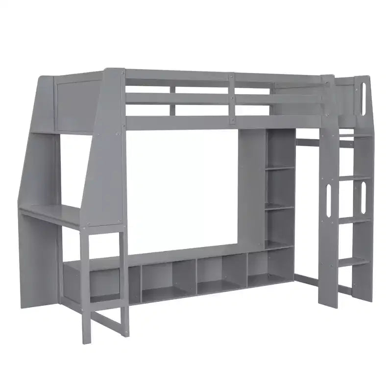 Twin/Full Size Gaming Loft Bed with Desk, LED Lights, Multi-Storage Shelves & Hanging Clothes Rack, Space-Saving Wooden Bed Frame