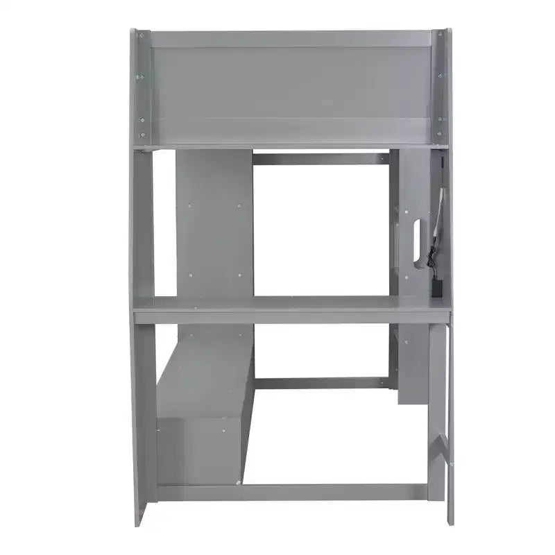 Twin/Full Size Gaming Loft Bed with Desk, LED Lights, Multi-Storage Shelves & Hanging Clothes Rack, Space-Saving Wooden Bed Frame