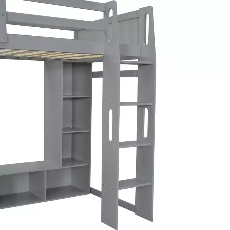 Twin/Full Size Gaming Loft Bed with Desk, LED Lights, Multi-Storage Shelves & Hanging Clothes Rack, Space-Saving Wooden Bed Frame