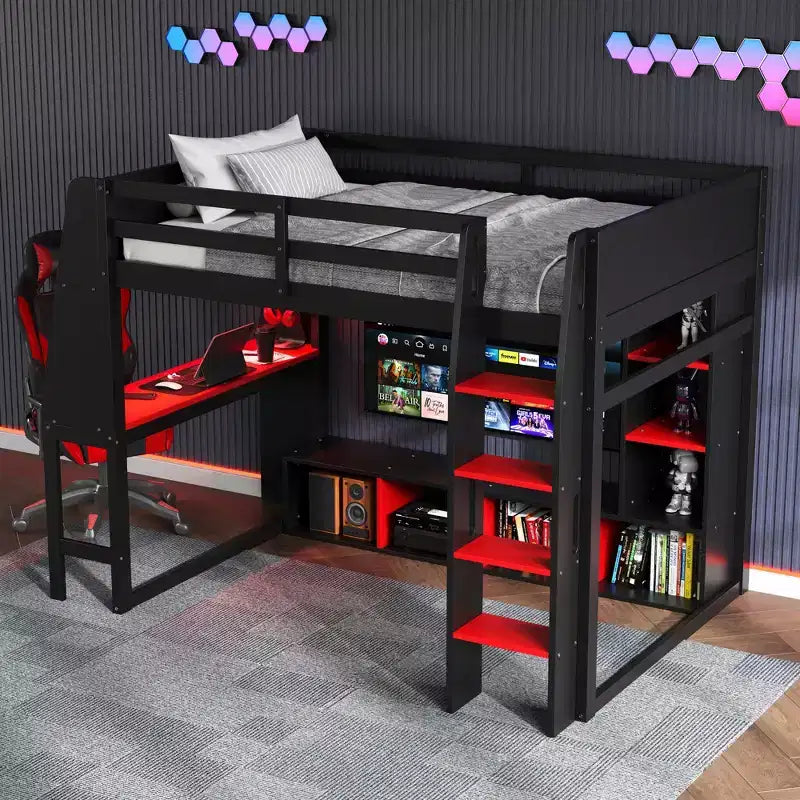 Twin/Full Size Gaming Loft Bed with Desk, LED Lights, Multi-Storage Shelves & Hanging Clothes Rack, Space-Saving Wooden Bed Frame