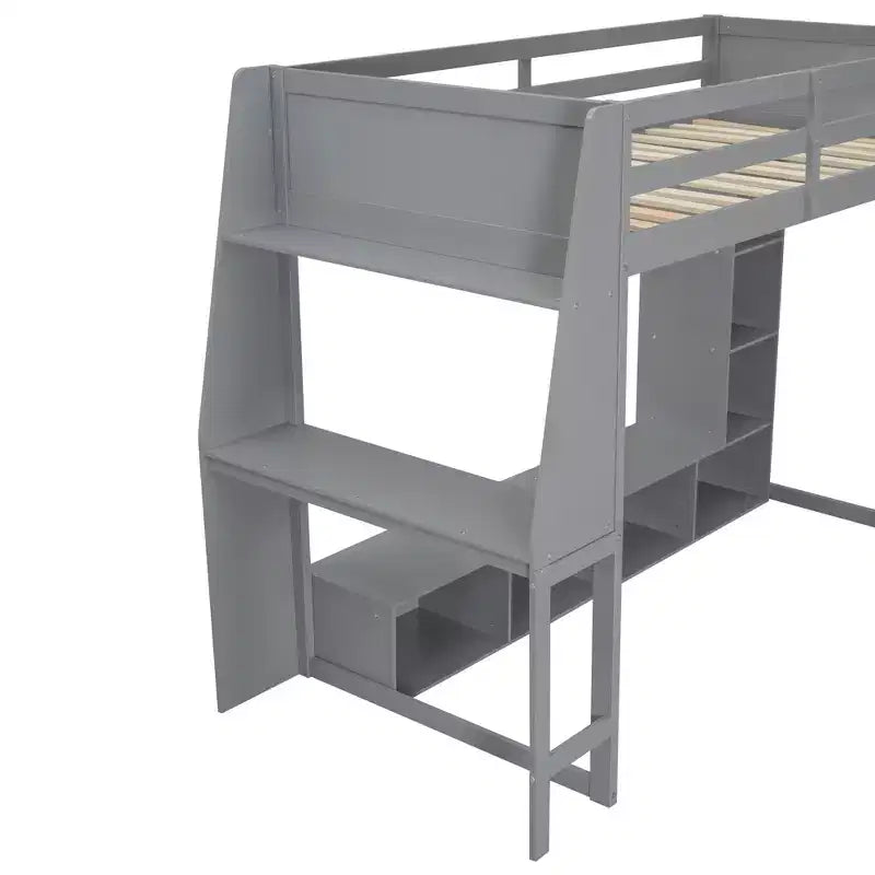 Twin/Full Size Gaming Loft Bed with Desk, LED Lights, Multi-Storage Shelves & Hanging Clothes Rack, Space-Saving Wooden Bed Frame