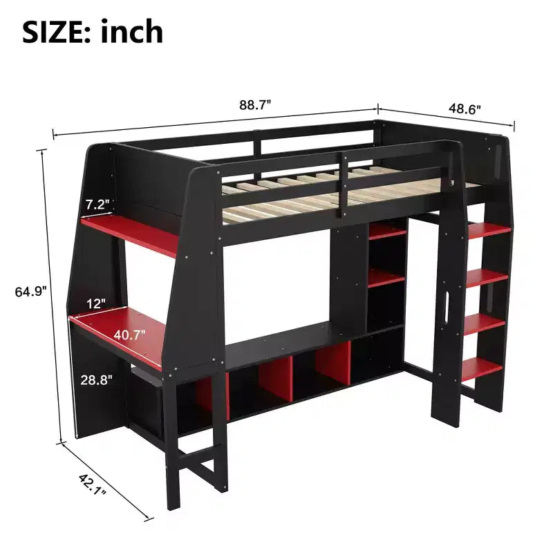 Cama alta para videojuegos tamaño individual/matrimonial con escritorio, luces LED, estantes de almacenamiento múltiple y perchero colgante, estructura de cama de madera que ahorra espacio