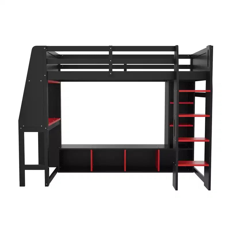 Twin/Full Size Gaming Loft Bed with Desk, LED Lights, Multi-Storage Shelves & Hanging Clothes Rack, Space-Saving Wooden Bed Frame