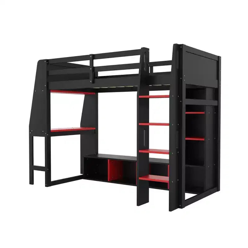 Twin/Full Size Gaming Loft Bed with Desk, LED Lights, Multi-Storage Shelves & Hanging Clothes Rack, Space-Saving Wooden Bed Frame