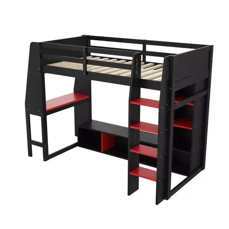 Twin/Full Size Gaming Loft Bed with Desk, LED Lights, Multi-Storage Shelves & Hanging Clothes Rack, Space-Saving Wooden Bed Frame