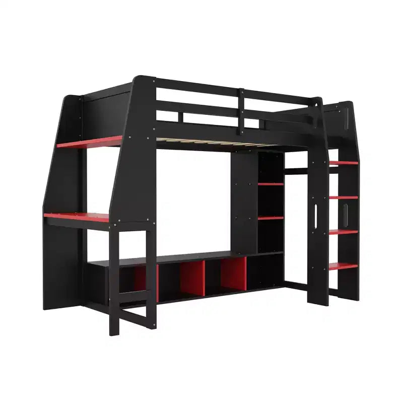Twin/Full Size Gaming Loft Bed with Desk, LED Lights, Multi-Storage Shelves & Hanging Clothes Rack, Space-Saving Wooden Bed Frame