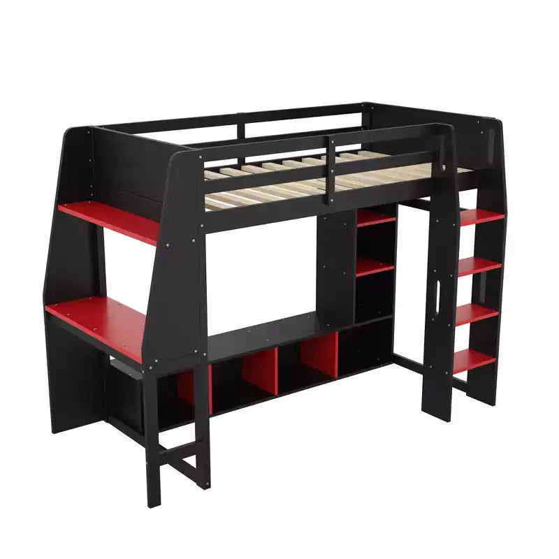 Twin/Full Size Gaming Loft Bed with Desk, LED Lights, Multi-Storage Shelves & Hanging Clothes Rack, Space-Saving Wooden Bed Frame