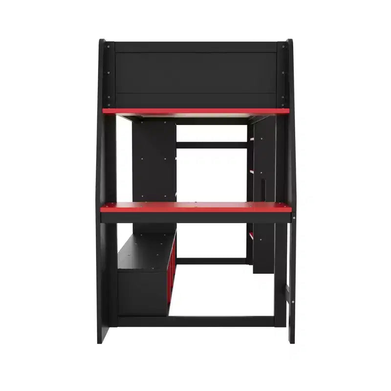 Twin/Full Size Gaming Loft Bed with Desk, LED Lights, Multi-Storage Shelves & Hanging Clothes Rack, Space-Saving Wooden Bed Frame