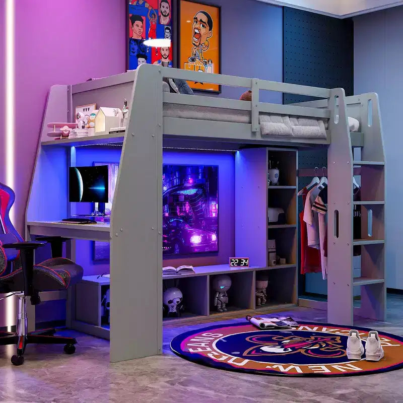 Cama alta para videojuegos tamaño individual/matrimonial con escritorio, luces LED, estantes de almacenamiento múltiple y perchero colgante, estructura de cama de madera que ahorra espacio