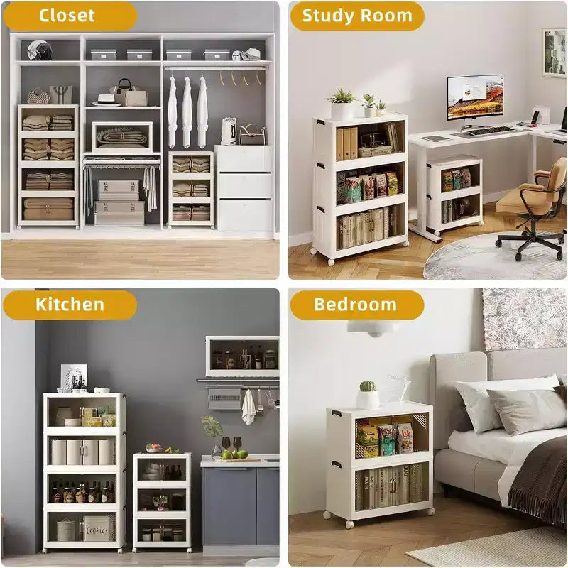Organizador plegable de 4 niveles y gran capacidad, de 25.6 pulgadas de ancho, con puerta transparente, fácil acceso y diseño plegable que ahorra espacio