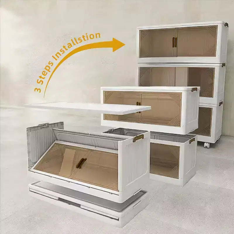 Organizador plegable de 4 niveles y gran capacidad, de 25.6 pulgadas de ancho, con puerta transparente, fácil acceso y diseño plegable que ahorra espacio