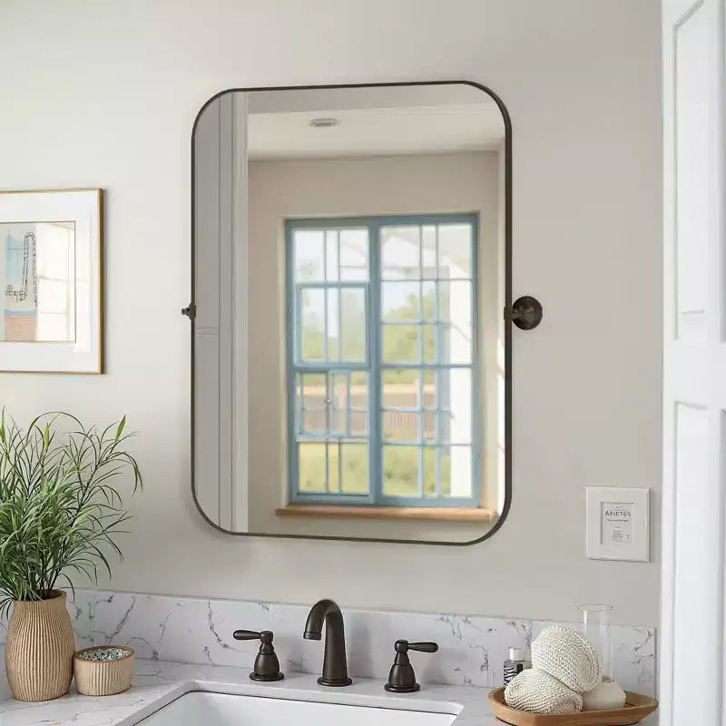 Miroir rectangulaire en fer noir de 80 cm, aux coins arrondis et avec fixations pivotantes, profondeur de 4 cm (double face)