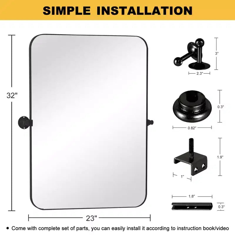 Miroir rectangulaire en fer noir de 80 cm, aux coins arrondis et avec fixations pivotantes, profondeur de 4 cm (double face)
