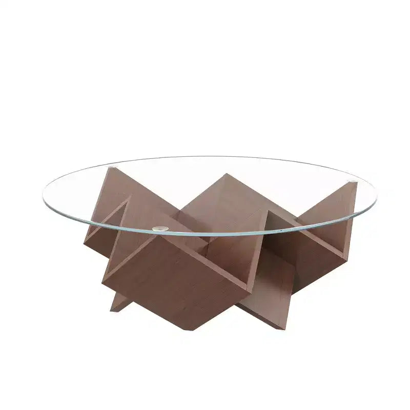35.4 Walnut Round Coffee Table with Glass Top, Geometric Art Deco Base & Storage Shelves