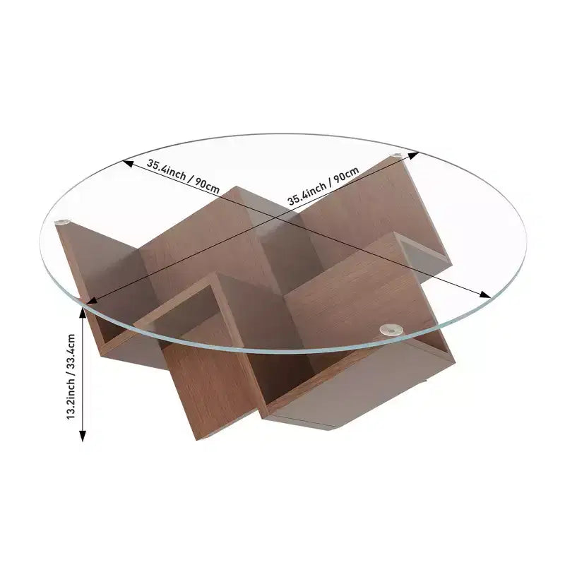 35.4 Walnut Round Coffee Table with Glass Top, Geometric Art Deco Base & Storage Shelves
