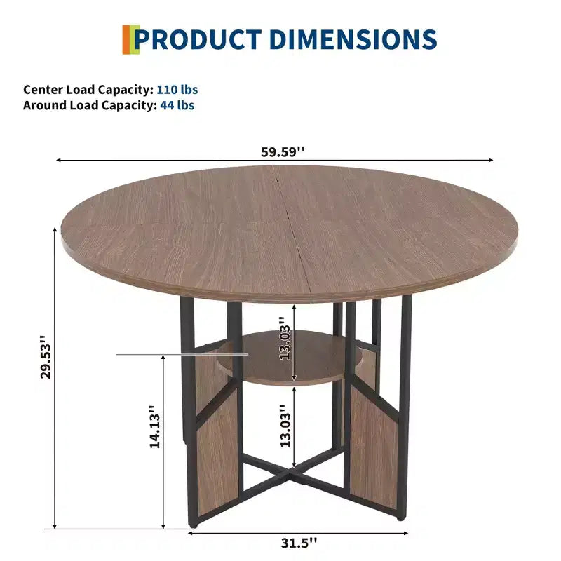 Table à manger ronde de 59 pouces pour 46, table de cuisine ronde avec étagère de rangement à 2 niveaux et piètement croisé, grande table ronde avec structure en bois et fer