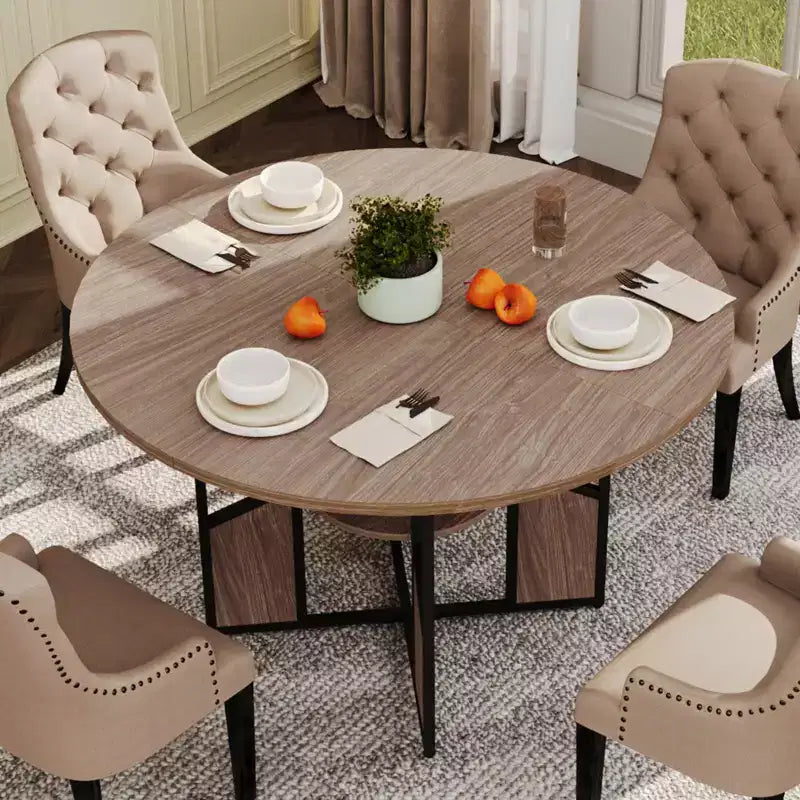 Table à manger ronde de 59 pouces pour 46, table de cuisine ronde avec étagère de rangement à 2 niveaux et piètement croisé, grande table ronde avec structure en bois et fer