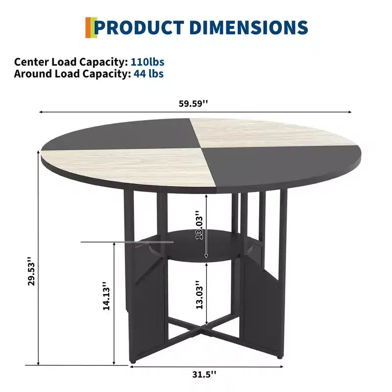 Table à manger ronde de 59 pouces pour 46, table de cuisine ronde avec étagère de rangement à 2 niveaux et piètement croisé, grande table ronde avec structure en bois et fer
