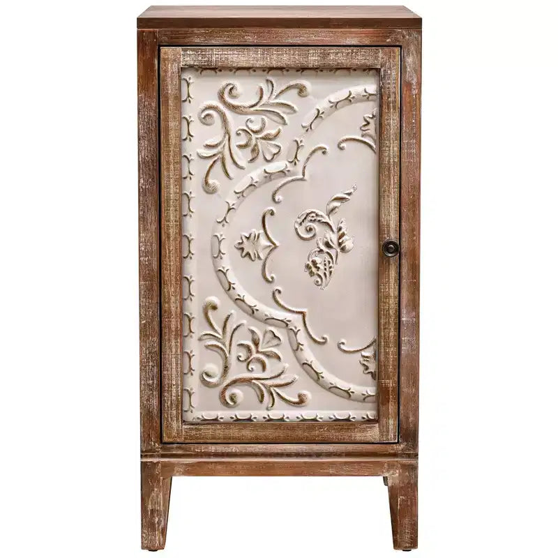 Table d'appoint florentine vintage avec panneau de porte à motif floral, 16.5 x 14 x 31 pouces, meuble de rangement d'intérieur, finition naturelle et crème