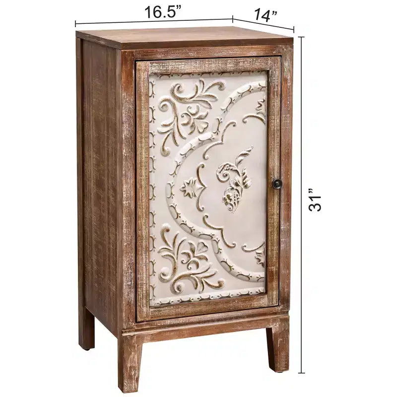 Table d'appoint florentine vintage avec panneau de porte à motif floral, 16.5 x 14 x 31 pouces, meuble de rangement d'intérieur, finition naturelle et crème