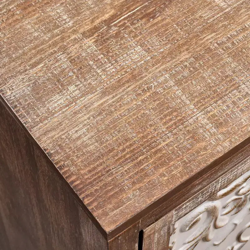 Table d'appoint florentine vintage avec panneau de porte à motif floral, 16.5 x 14 x 31 pouces, meuble de rangement d'intérieur, finition naturelle et crème