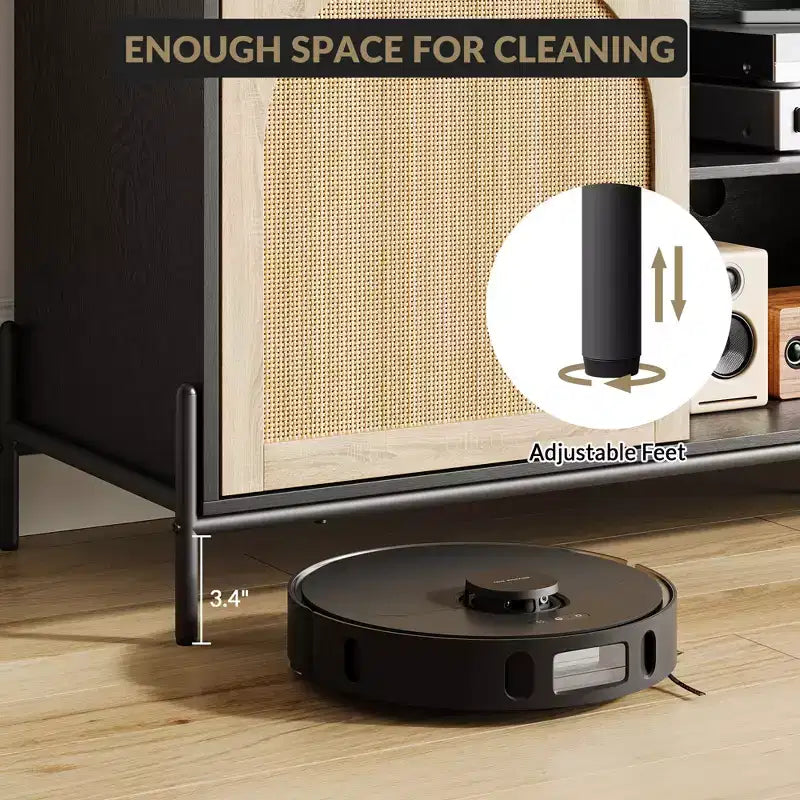 Meuble TV avec 3 tiroirs pour salon, meuble de divertissement avec rangement, console multimédia en rotin avec pieds en métal, meuble de divertissement en bois noir
