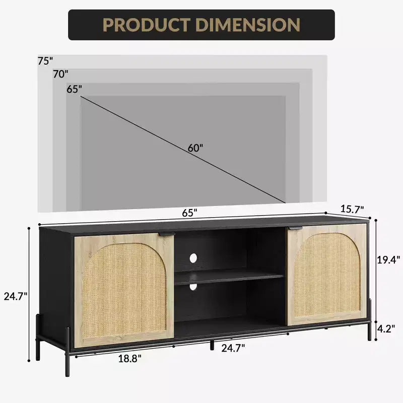 Meuble TV avec 3 tiroirs pour salon, meuble de divertissement avec rangement, console multimédia en rotin avec pieds en métal, meuble de divertissement en bois noir