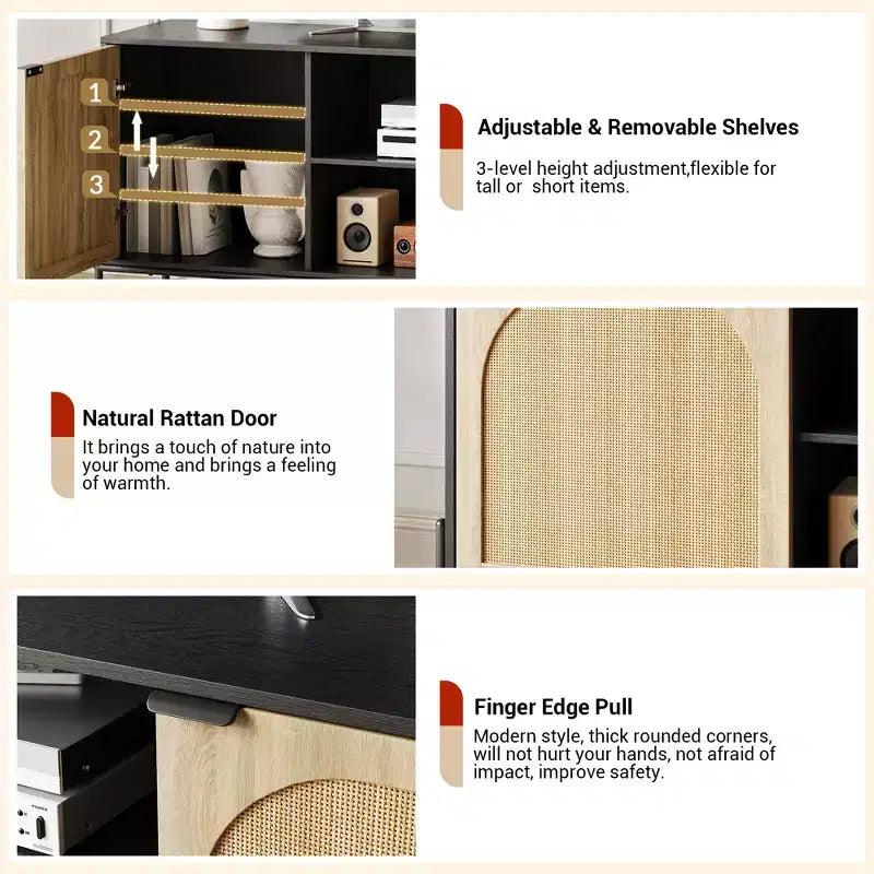 Soporte para TV con 3 cajones para sala de estar, centro de entretenimiento con almacenamiento, consola multimedia de ratán con patas de metal, mueble de entretenimiento de madera negro