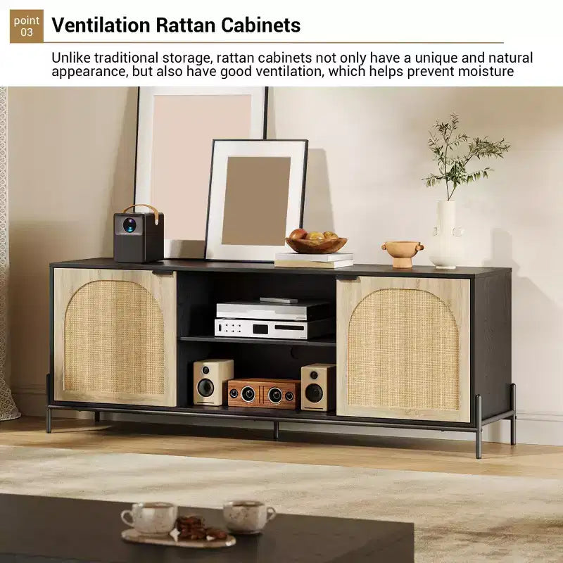 Soporte para TV con 3 cajones para sala de estar, centro de entretenimiento con almacenamiento, consola multimedia de ratán con patas de metal, mueble de entretenimiento de madera negro