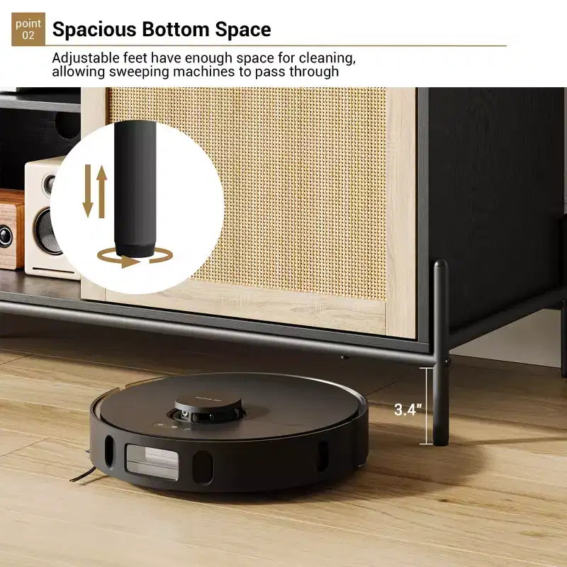 Soporte para TV con 3 cajones para sala de estar, centro de entretenimiento con almacenamiento, consola multimedia de ratán con patas de metal, mueble de entretenimiento de madera negro
